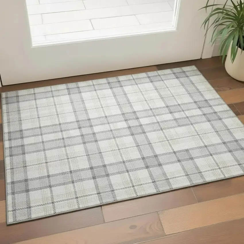 Silver Ivory And Gray Plaid Washable Area Rug With UV Protection Photo 2