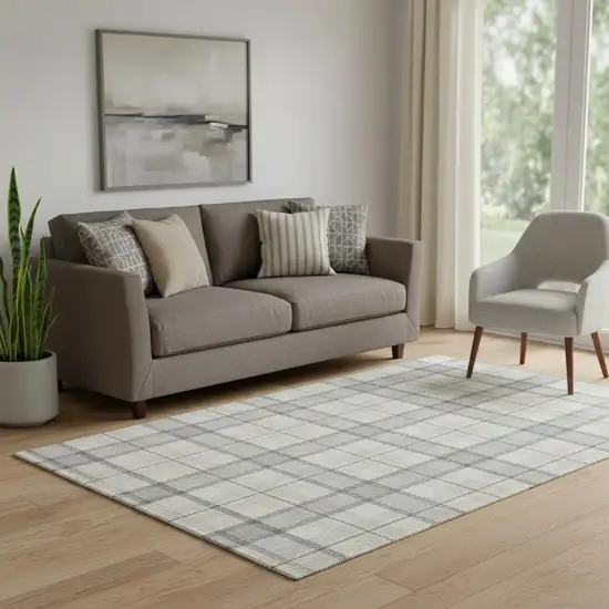 Silver Ivory And Gray Plaid Washable Area Rug With UV Protection Photo 2