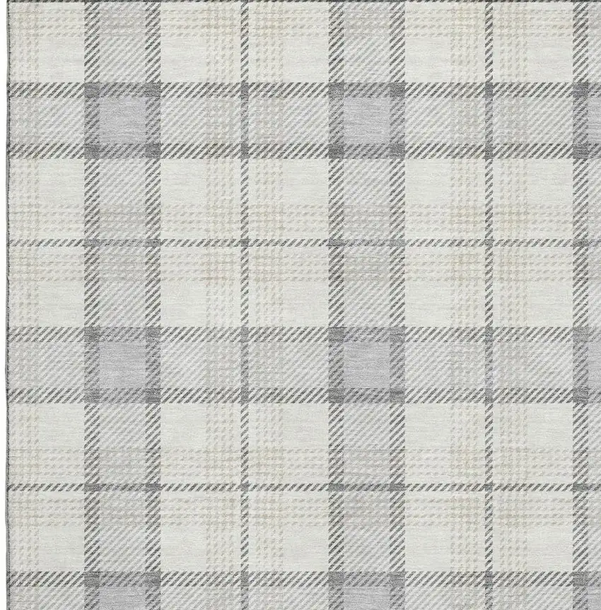 Silver Ivory And Gray Plaid Washable Area Rug With UV Protection Photo 2