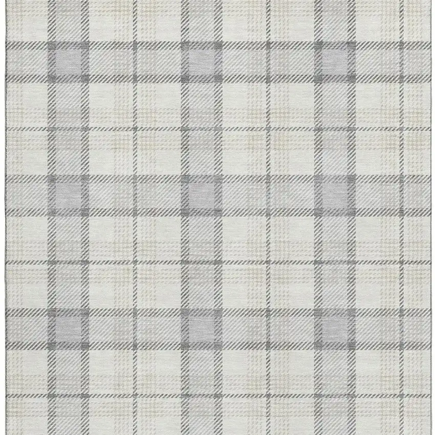 Silver Ivory And Gray Plaid Washable Area Rug With UV Protection Photo 3