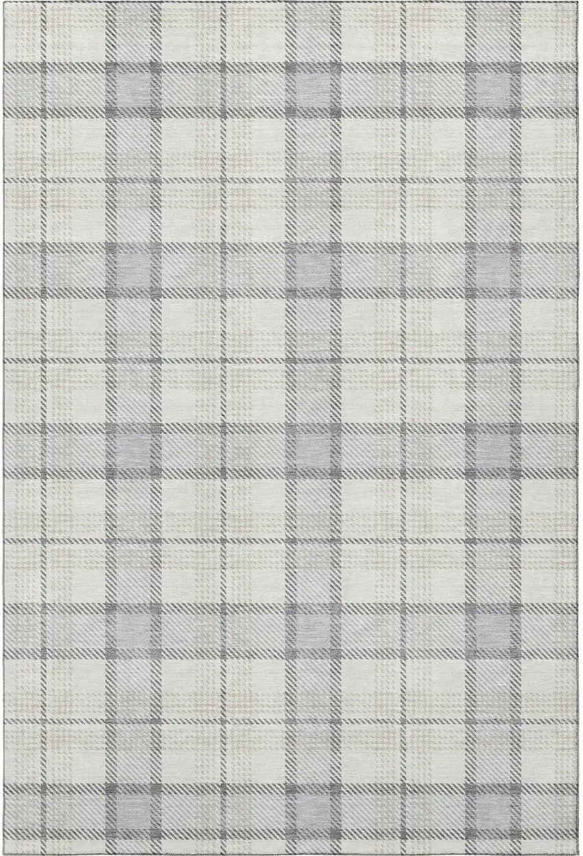 Silver Ivory And Gray Plaid Washable Area Rug With UV Protection Photo 3