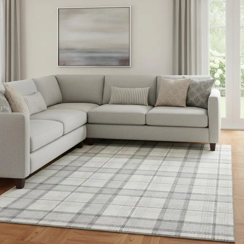 Silver Ivory And Gray Plaid Washable Area Rug With UV Protection Photo 2