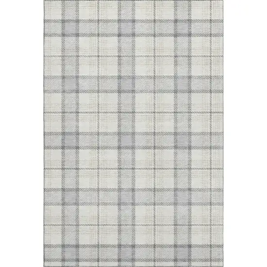 Silver Ivory And Gray Plaid Washable Area Rug With UV Protection Photo 1