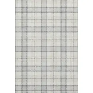 Photo of Silver Ivory And Gray Plaid Washable Area Rug With UV Protection
