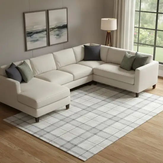 Silver Ivory And Gray Plaid Washable Area Rug With UV Protection Photo 2