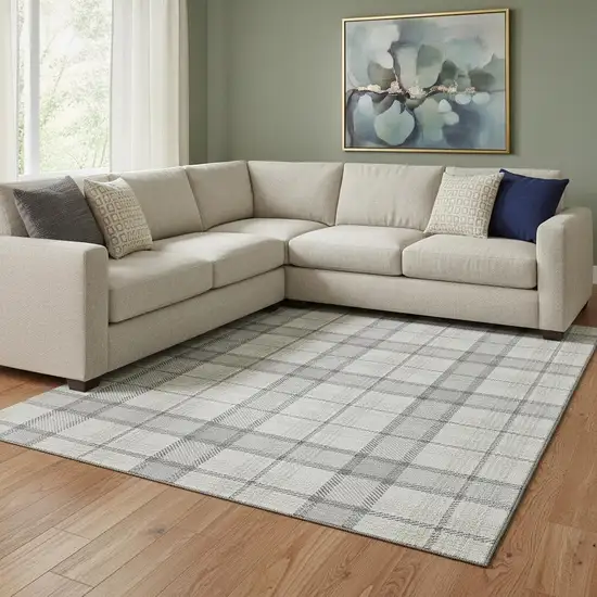 Silver Ivory And Gray Plaid Washable Area Rug With UV Protection Photo 2