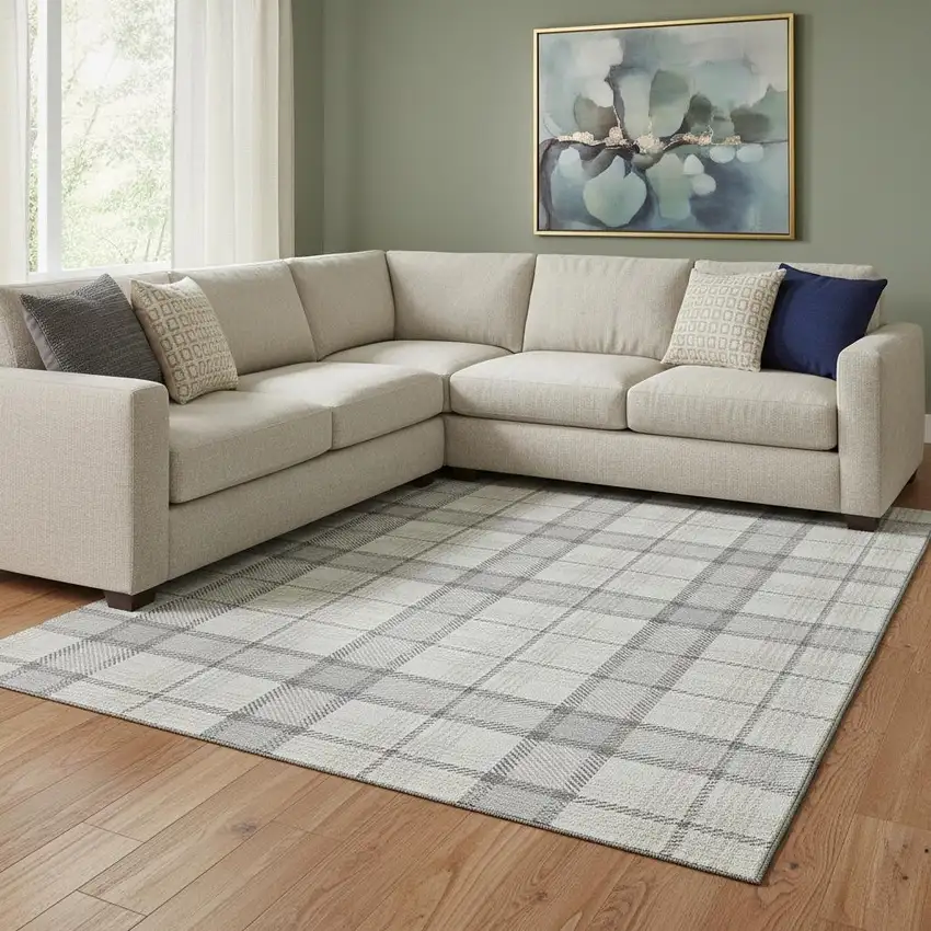 Silver Ivory And Gray Plaid Washable Area Rug With UV Protection Photo 2