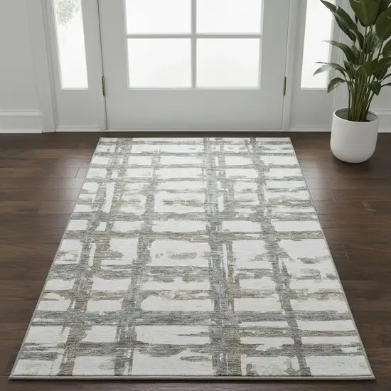 Silver Ivory And Gray Striped Washable Area Rug With UV Protection Photo 2
