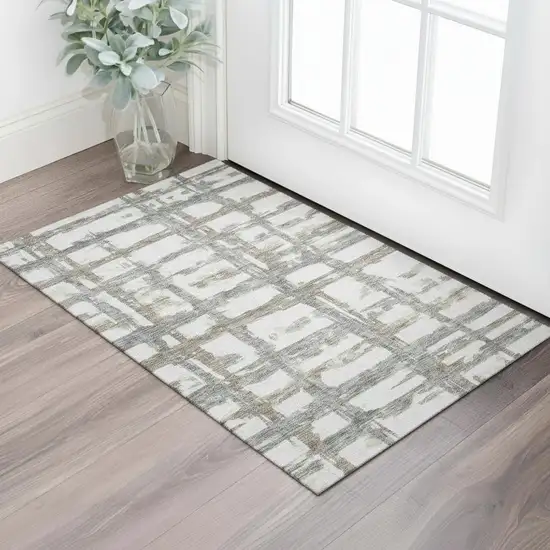 Silver Ivory And Gray Striped Washable Area Rug With UV Protection Photo 1