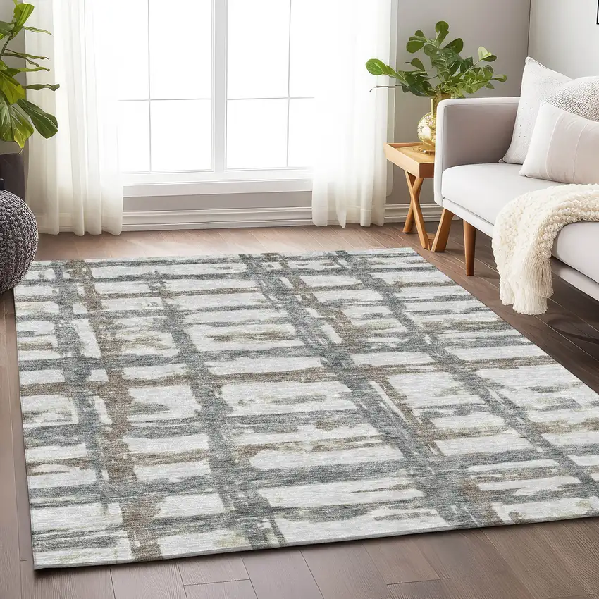 Silver Ivory And Gray Striped Washable Area Rug With UV Protection Photo 5