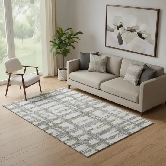 Silver Ivory And Gray Striped Washable Area Rug With UV Protection Photo 1