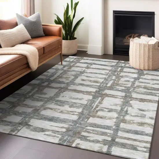 Silver Ivory And Gray Striped Washable Area Rug With UV Protection Photo 6