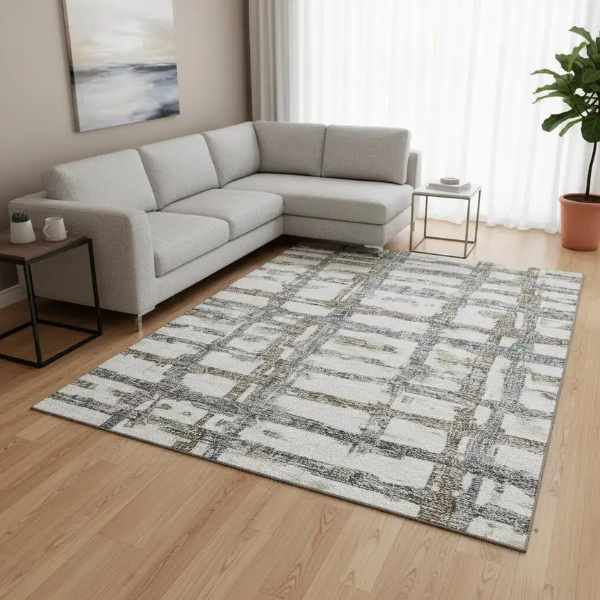 Silver Ivory And Gray Striped Washable Area Rug With UV Protection Photo 2