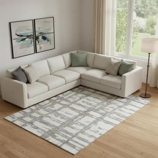 Silver Ivory And Gray Striped Washable Area Rug With UV Protection Photo 1