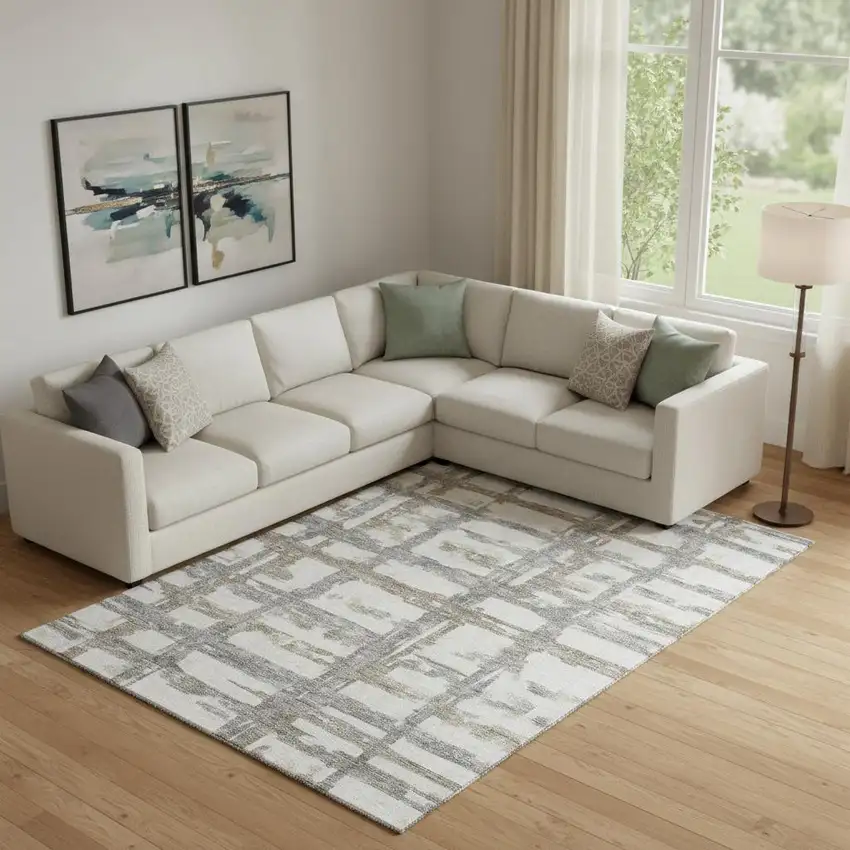 Silver Ivory And Gray Striped Washable Area Rug With UV Protection Photo 1