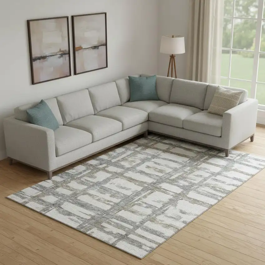 Silver Ivory And Gray Striped Washable Area Rug With UV Protection Photo 1