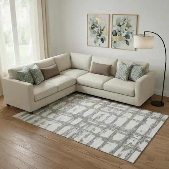 Silver Ivory And Gray Striped Washable Area Rug With UV Protection Photo 3