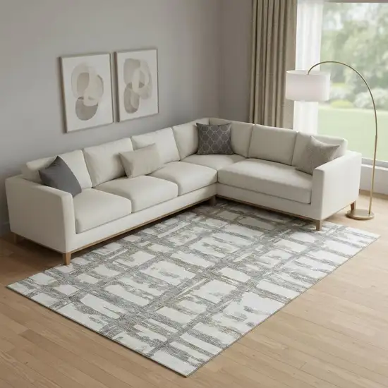 Silver Ivory And Gray Striped Washable Area Rug With UV Protection Photo 1