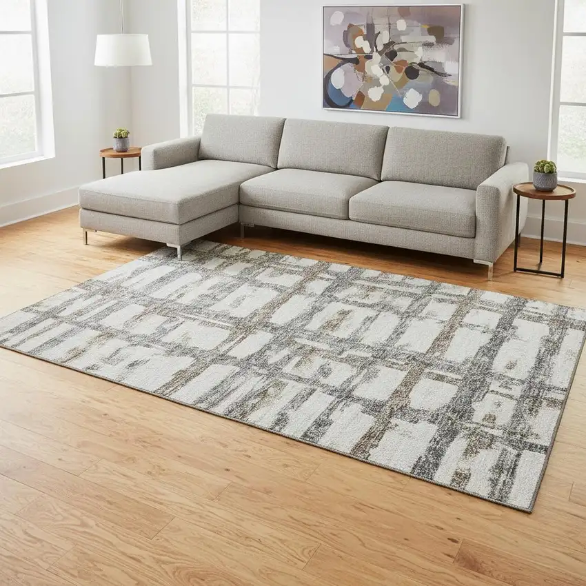 Silver Ivory And Gray Striped Washable Area Rug With UV Protection Photo 2
