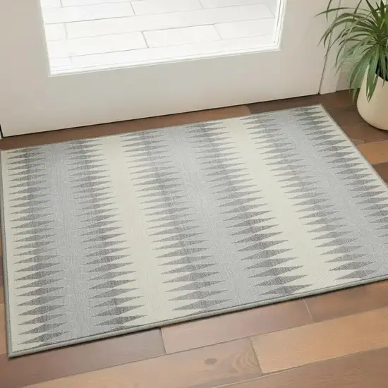 Silver Ivory And Gray Striped Washable Area Rug With UV Protection Photo 2