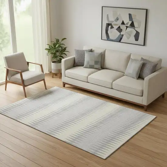 Silver Ivory And Gray Striped Washable Area Rug With UV Protection Photo 1