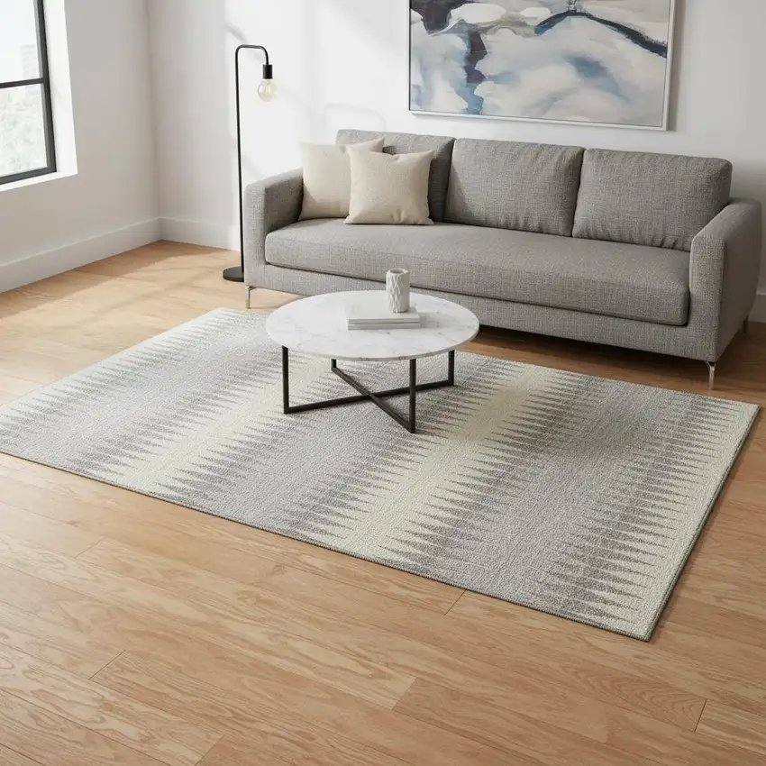 Silver Ivory And Gray Striped Washable Area Rug With UV Protection Photo 2