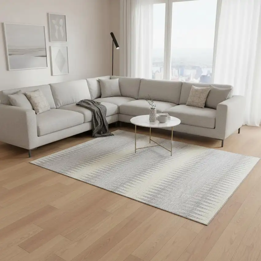 Silver Ivory And Gray Striped Washable Area Rug With UV Protection Photo 2