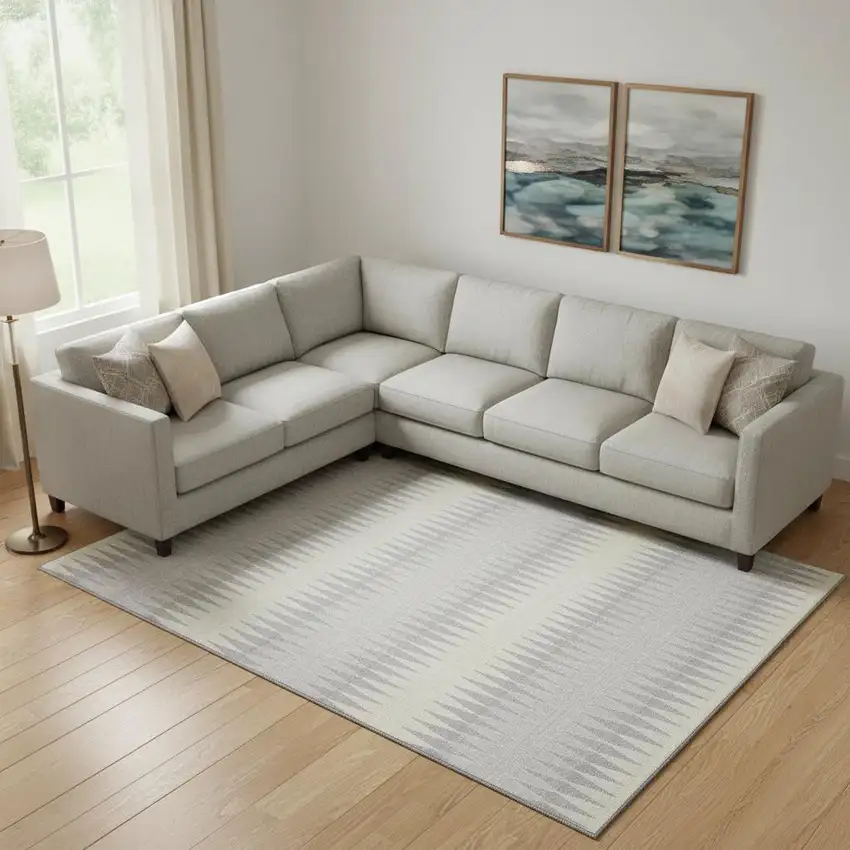 Silver Ivory And Gray Striped Washable Area Rug With UV Protection Photo 1