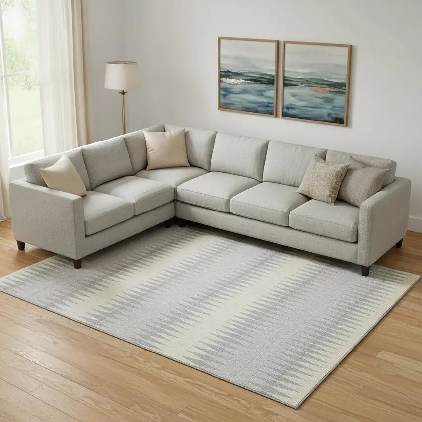 Silver Ivory And Gray Striped Washable Area Rug With UV Protection Photo 1