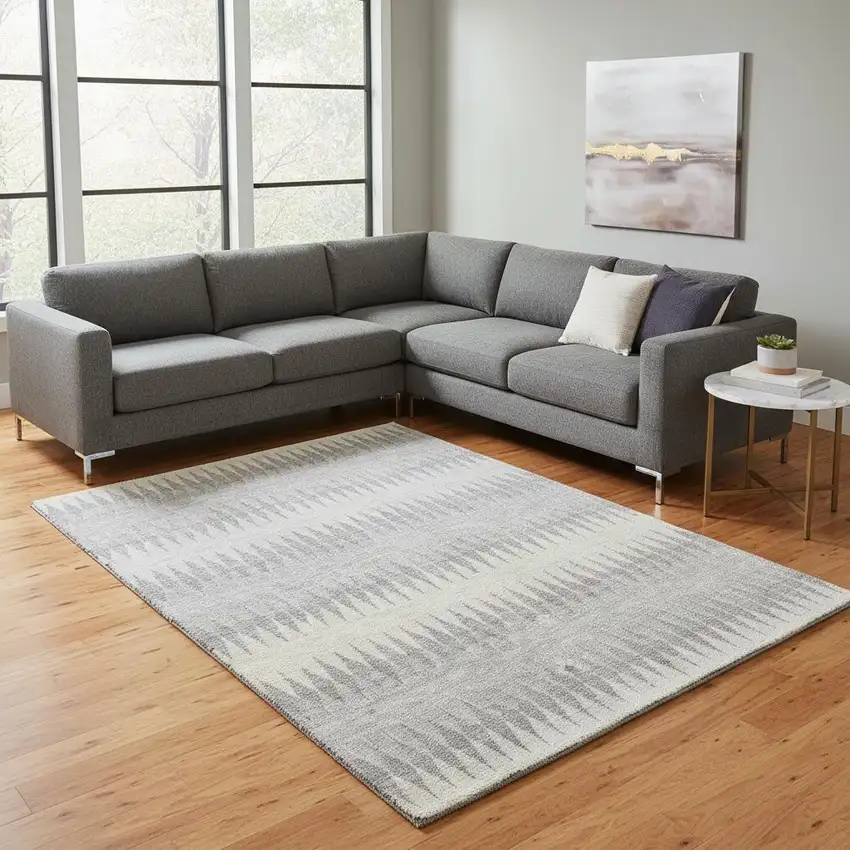 Silver Ivory And Gray Striped Washable Area Rug With UV Protection Photo 2