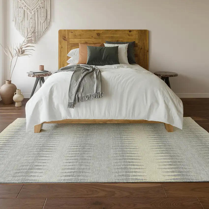 Silver Ivory And Gray Striped Washable Area Rug With UV Protection Photo 6