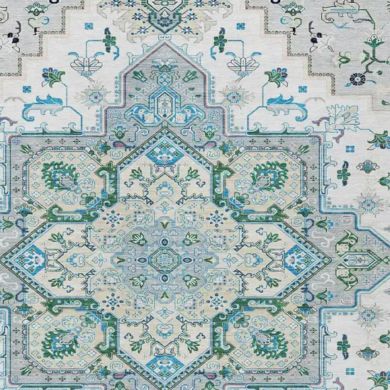 Silver Ivory And Green Oriental Washable Indoor Outdoor Area Rug Photo 6