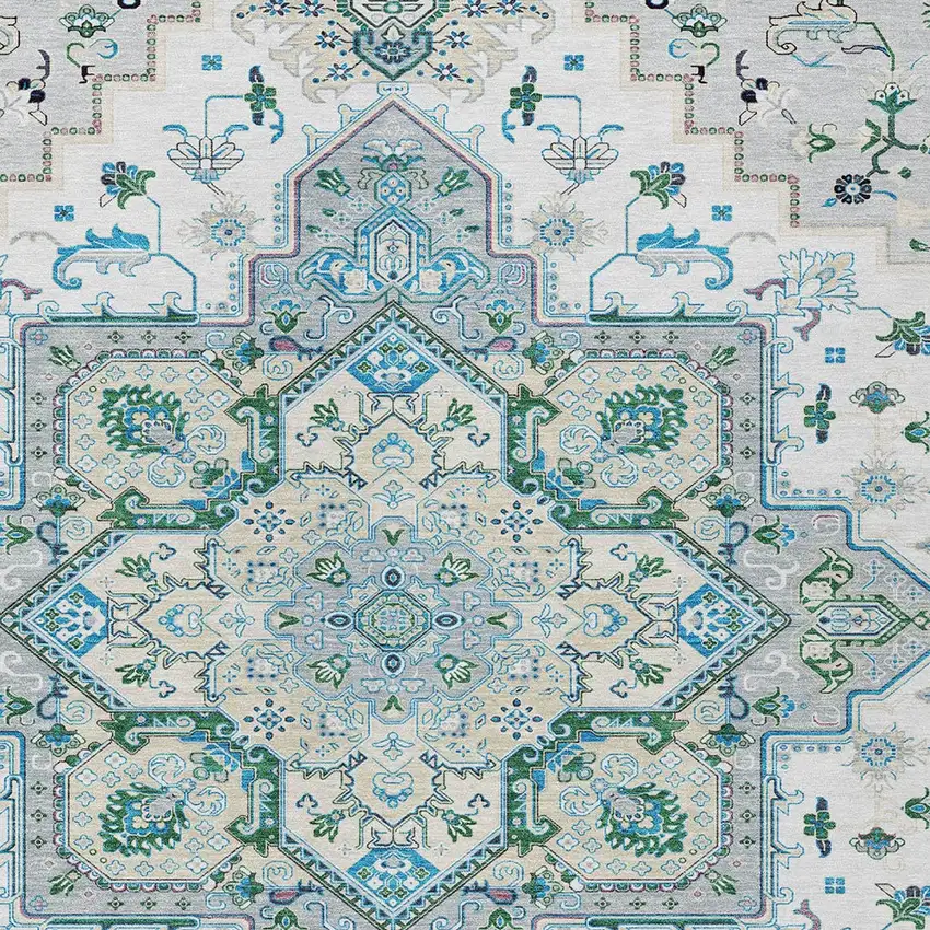 Silver Ivory And Green Oriental Washable Indoor Outdoor Area Rug Photo 6