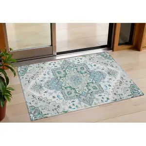 Photo of Silver Ivory And Green Oriental Washable Indoor Outdoor Area Rug