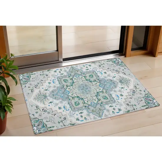 Silver Ivory And Green Oriental Washable Indoor Outdoor Area Rug Photo 1