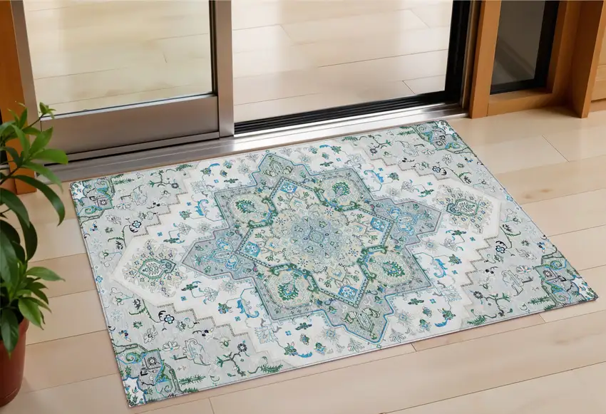 Silver Ivory And Green Oriental Washable Indoor Outdoor Area Rug Photo 1