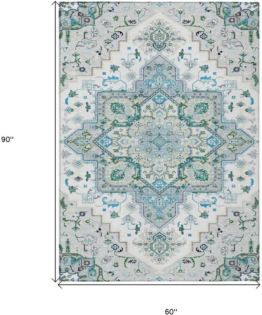 Silver Ivory And Green Oriental Washable Indoor Outdoor Area Rug Photo 3