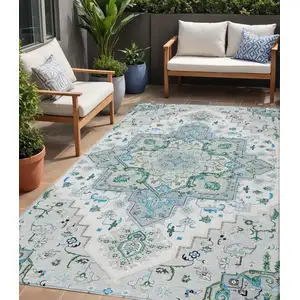 Photo of Silver Ivory And Green Oriental Washable Indoor Outdoor Area Rug