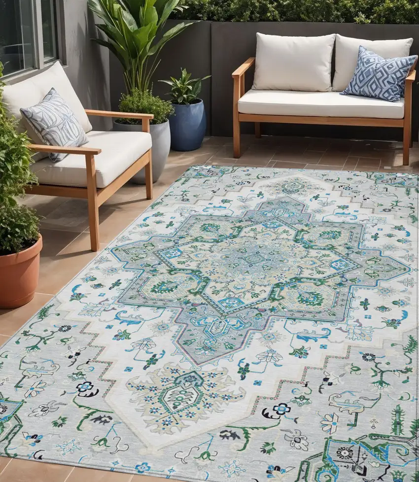 Silver Ivory And Green Oriental Washable Indoor Outdoor Area Rug Photo 1
