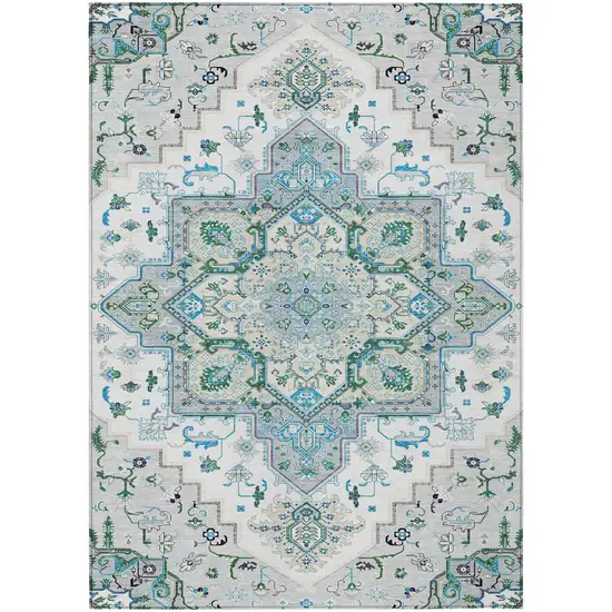 Silver Ivory And Green Oriental Washable Indoor Outdoor Area Rug Photo 2