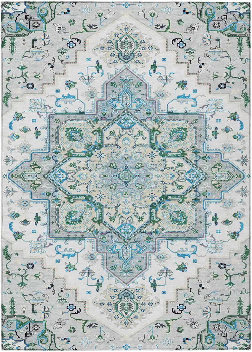 Silver Ivory And Green Oriental Washable Indoor Outdoor Area Rug Photo 2