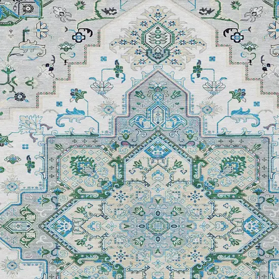 Silver Ivory And Green Oriental Washable Indoor Outdoor Area Rug Photo 6