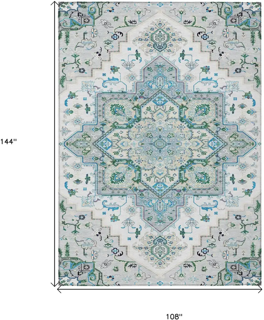 Silver Ivory And Green Oriental Washable Indoor Outdoor Area Rug Photo 3