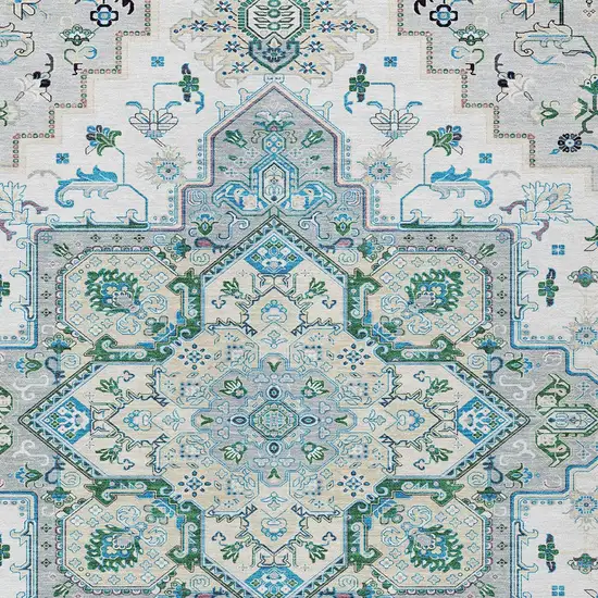 Silver Ivory And Green Oriental Washable Indoor Outdoor Area Rug Photo 6