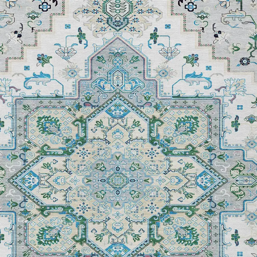 Silver Ivory And Green Oriental Washable Indoor Outdoor Area Rug Photo 6