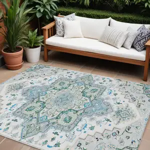 Photo of Silver Ivory And Green Oriental Washable Indoor Outdoor Area Rug