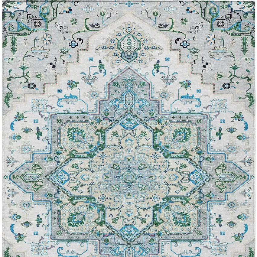 Silver Ivory And Green Oriental Washable Indoor Outdoor Area Rug Photo 7