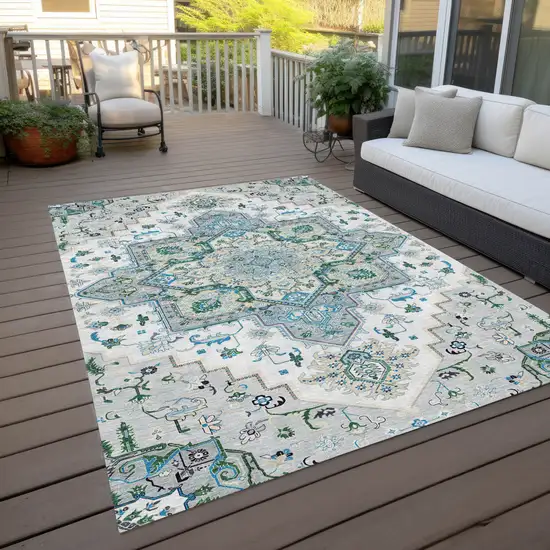 Silver Ivory And Green Oriental Washable Indoor Outdoor Area Rug Photo 8