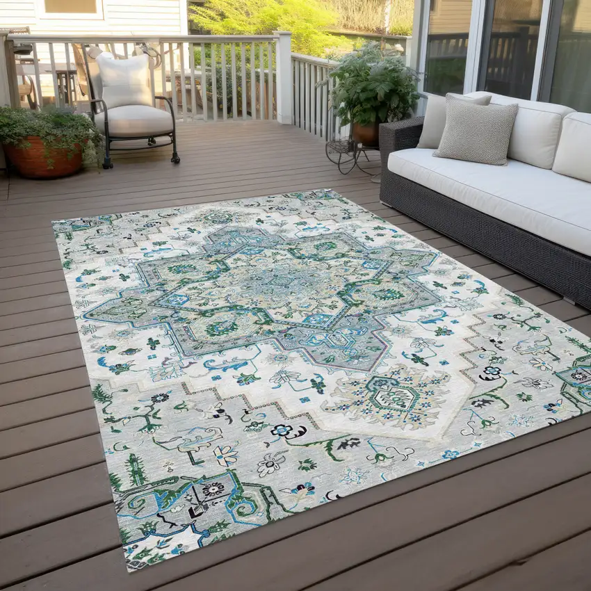 Silver Ivory And Green Oriental Washable Indoor Outdoor Area Rug Photo 8