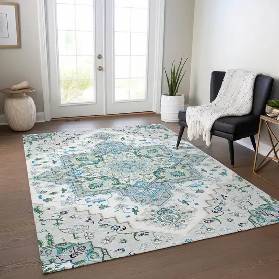 Silver Ivory And Green Oriental Washable Indoor Outdoor Area Rug Photo 9
